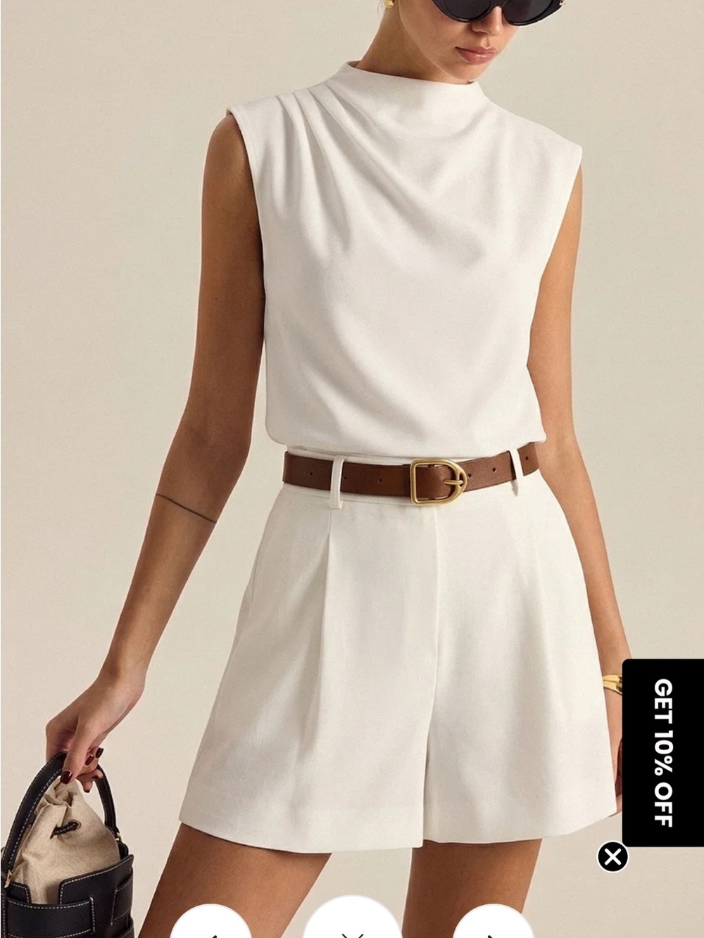 Commense Sleeveless White Mock Neck Top and Shorts Set with Brown Belt